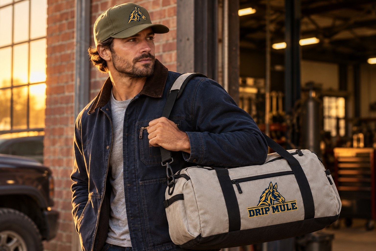 Man wearing Drip Mule cap and carrying a branded duffel bag at golden hour
