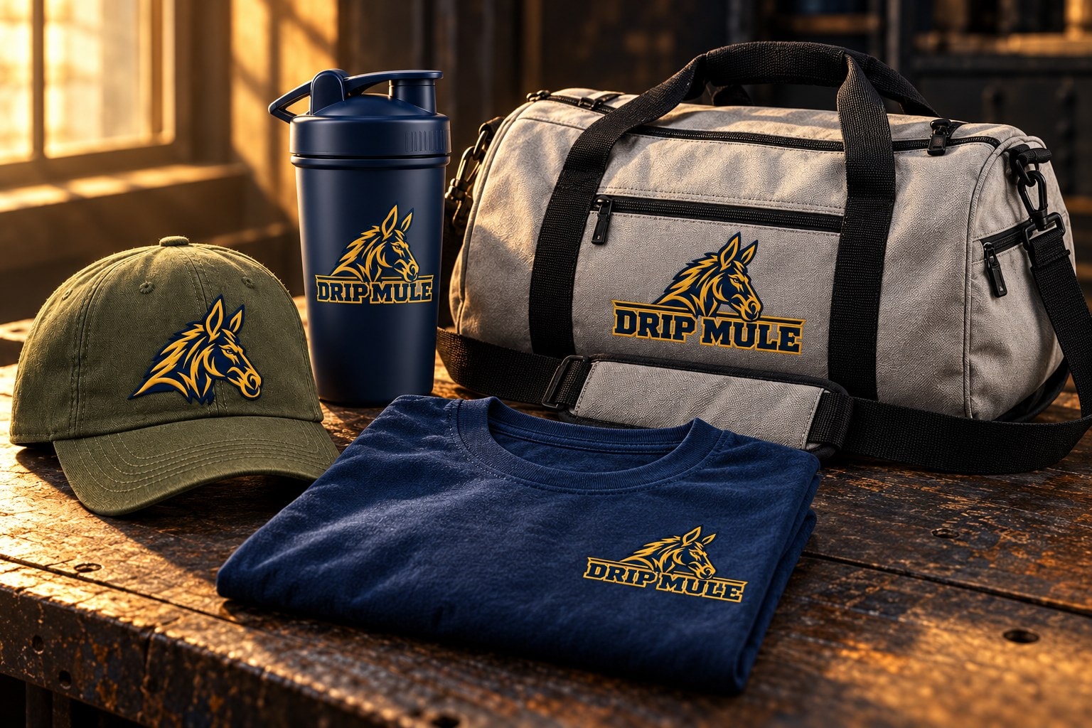 Drip Mule tee, cap, shaker and duffel on a workshop bench