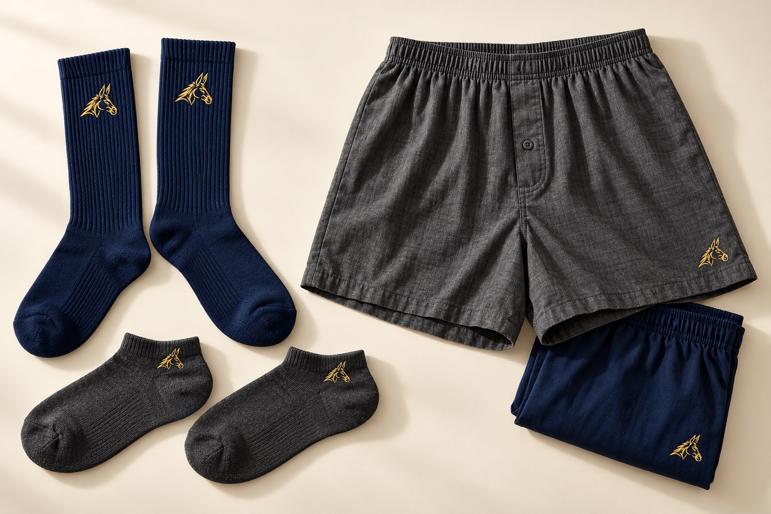 Drip Mule crew socks, ankle socks and boxer shorts on a light surface