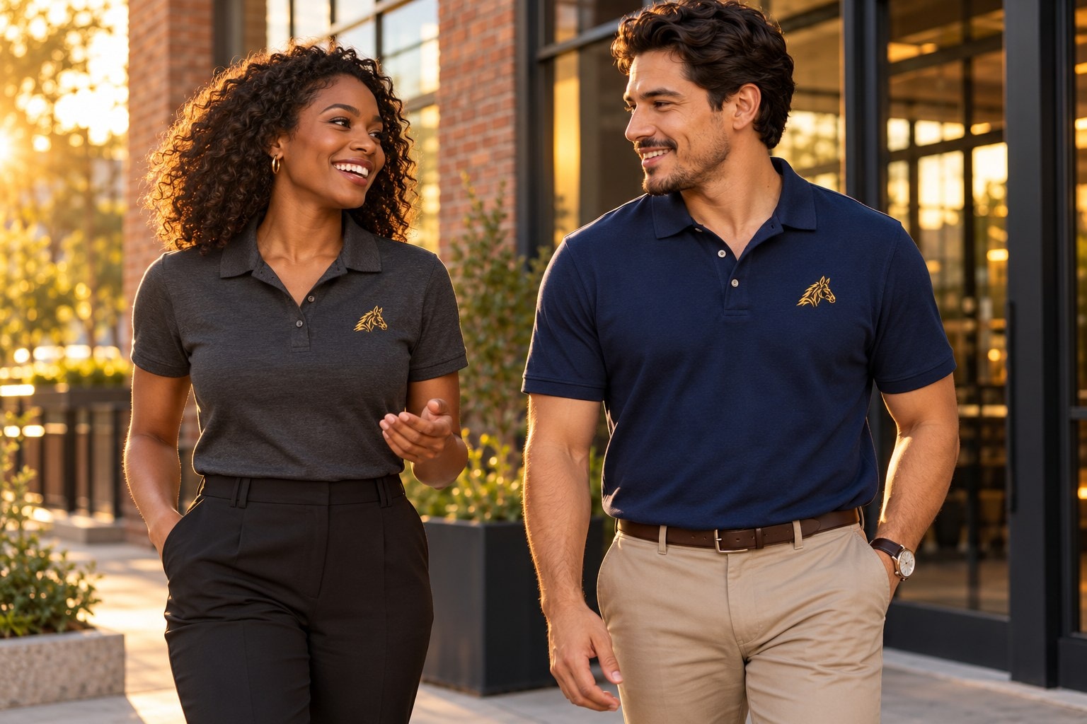 Two people wearing Drip Mule polos outside at golden hour