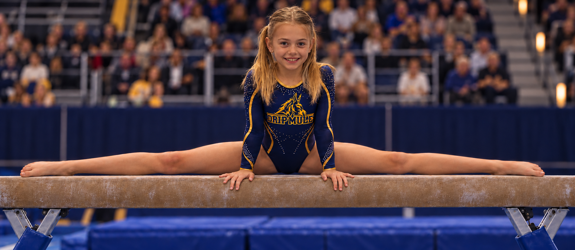 DripMule gymnastics campaign concept on a balance beam