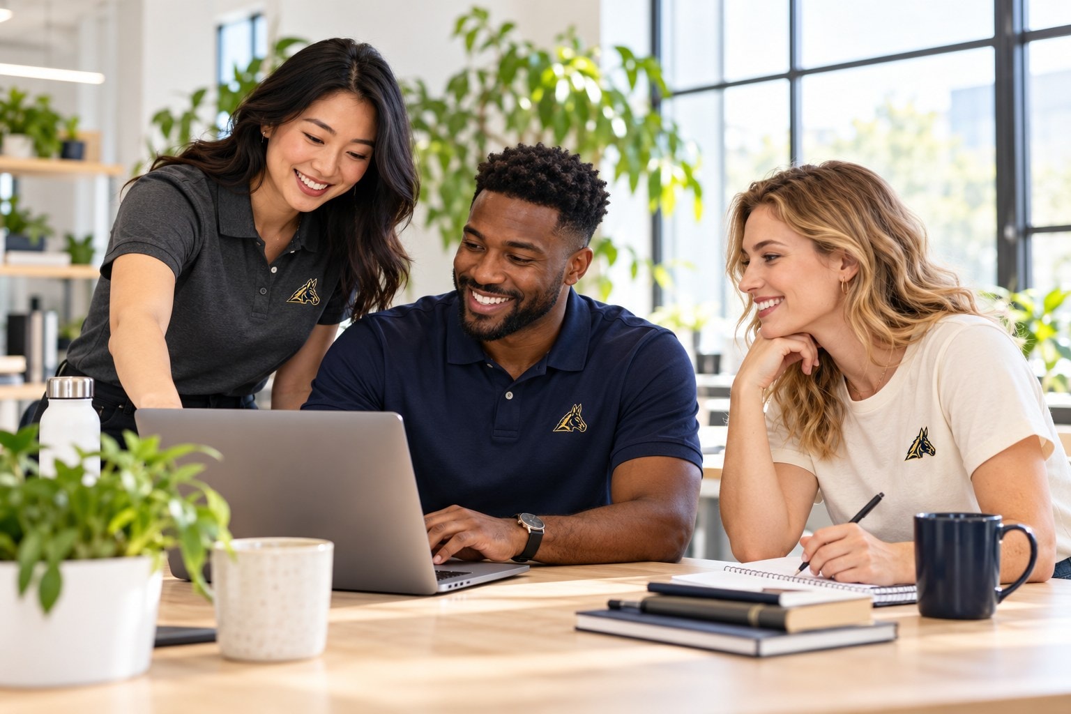 Three colleagues wearing Drip Mule branded polos in a bright modern office
